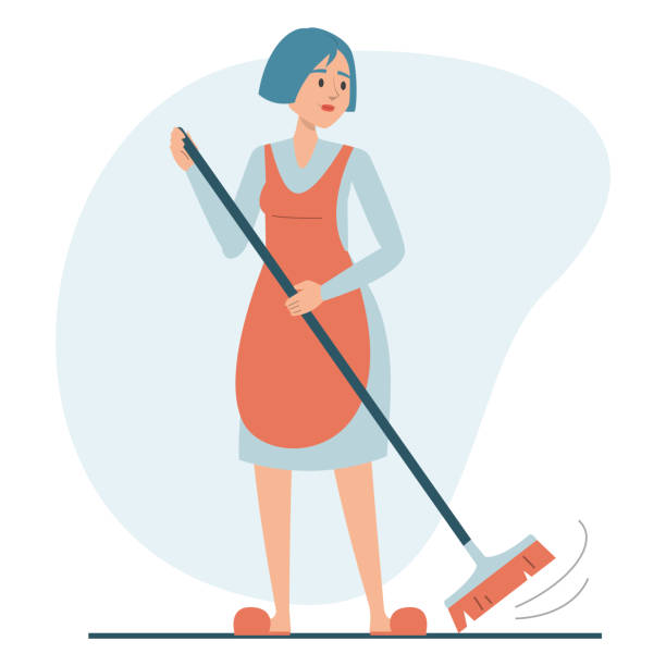 孤立したほうきを使って床を掃除する女性 - broom sweeping cleaning work tool点のイラスト素材／クリップアート素材／マンガ素材／アイコン素材