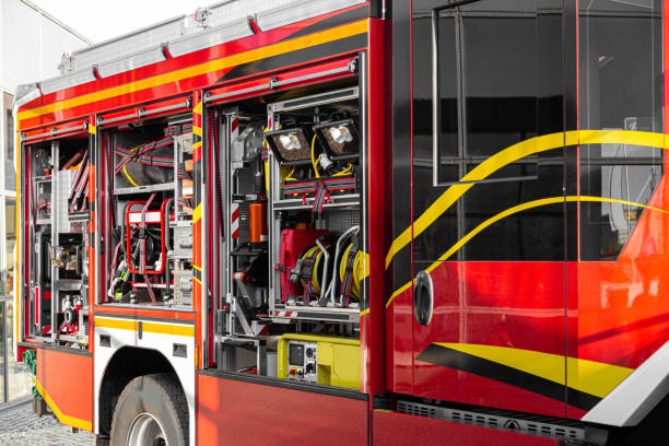 istock Fire fighter truck equipped with helmets, wires, flashers, wire cutters 1311639506