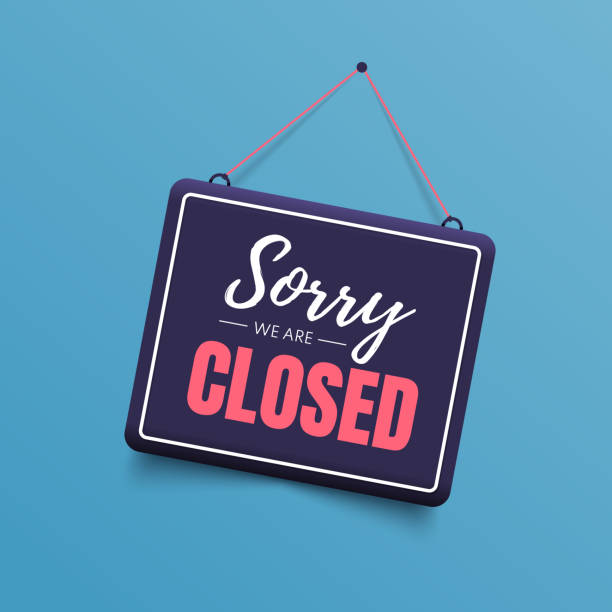 We are closed signboard Sorry, we are closed sign isolated on blue background. Vector signboard shut up stock illustrations