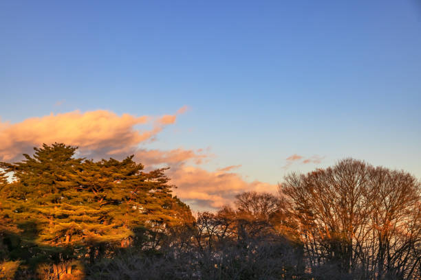 Winter mountains and blue sky that turn red in the setting sun