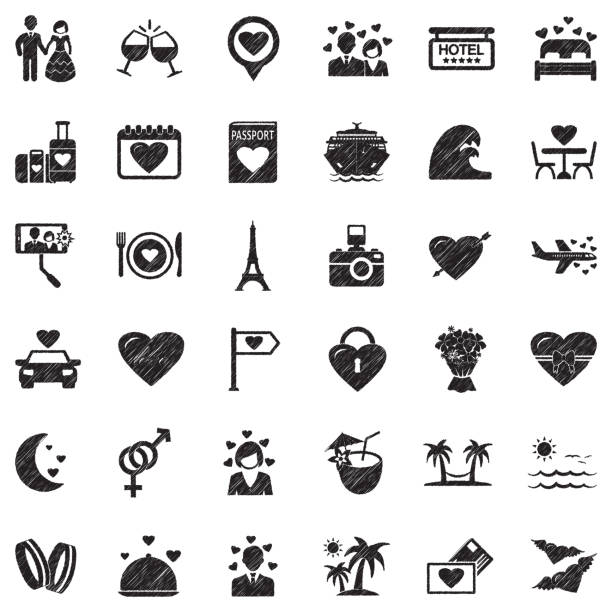 ilustraciones, imágenes clip art, dibujos animados e iconos de stock de iconos de luna de miel. diseño garabato negro. ilustración vectorial. - honeymoon wedding paris france bride