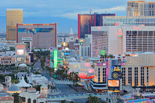 Las Vegas, USA - March 17, 2020: Las Vegas strip during the twilight hour featuring its many casino and resort hotels.
