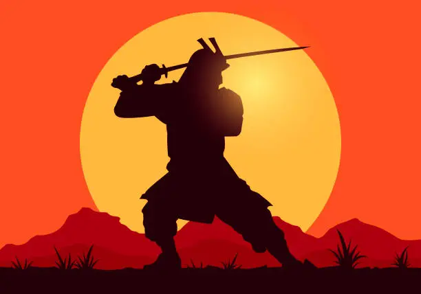 Vector illustration of Vector Illustration Sillhouette Of Samurai Worrior With Sword On Sunset Backgound