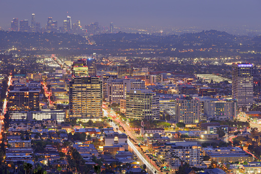 High angle night time view of the skyline of the City of Glendale, California. The fourth largest city in Los Angeles County with a population of 200,000 - Glendale is located about 10 miles north of downtown Los Angeles.