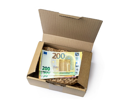 Small open package with euro banknotes on isolated white background