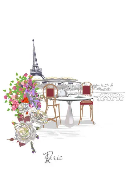Vector illustration of Design with the Eiffel tower, a cup of coffee and a café entrance. Lantern decorated with flowers.