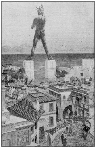 Antique illustration: Seven Wonders of the Ancient World, Colossus of Rhodes