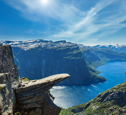 The summer sunshiny view of Trolltunga (famous The Troll's tongue Norvegian destination) and Ringedalsvatnet lake in Odda, Roldal, Norway.