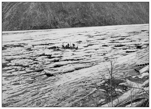 Antique black and white photograph: Klondike gold rush, River Yukon