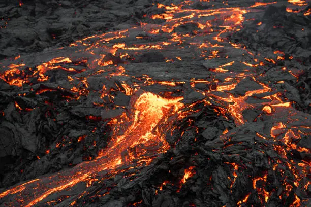 Fagradalsfjall volcano eruptions started in Iceland on 19 of March 2021. Glowing lava running from the crate og active volcano