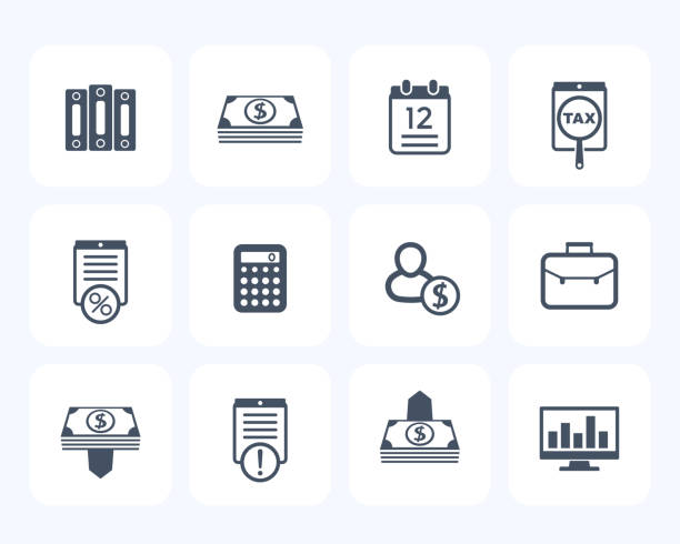 Bookkeeping, finance icons set, payroll, banking, payments, accounting Bookkeeping, finance icons set, payroll, banking, payments, accounting financial advisor percentage sign business finance stock illustrations