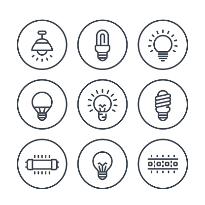 lighting, light bulbs line icons on white, LED, CFL, fluorescent, halogen lamps and led strip