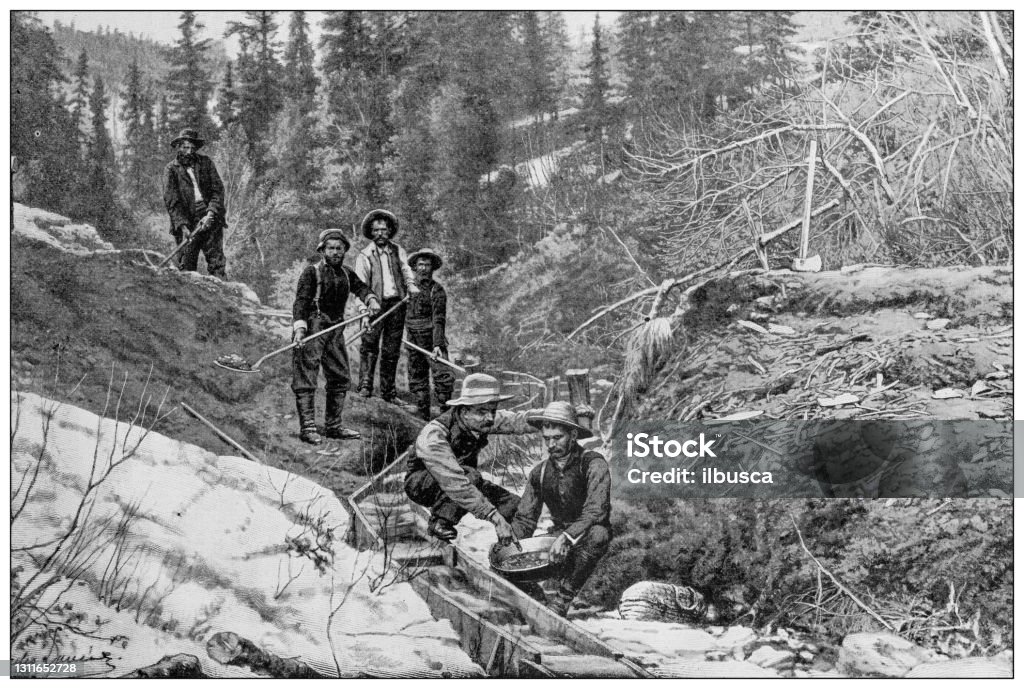 Antique black and white photograph: Klondike gold rush Panning for Gold stock illustration