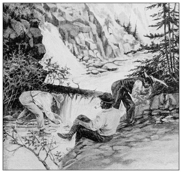 ilustrações, clipart, desenhos animados e ícones de foto antiga em preto e branco: klondike gold rush - klondike river