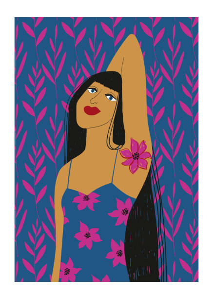 illustrazioni stock, clip art, cartoni animati e icone di tendenza di donna indiana nordamericana in abito floreale - indian ethnicity ethnic indigenous culture indian culture