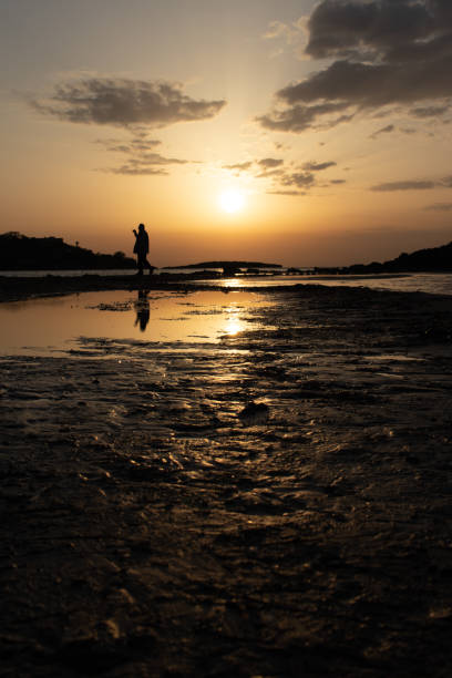 istock People's silhouette walking at the beach with the sunset at background 1311653321