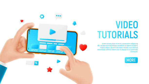 Mobile payments concept template Video tutorials concept template. Mockup with cartoon hands, smartphone and icons. Template of smart phone in cartoon hand isolated on white background. Vector illustration mobile device concept. youtube stock illustrations