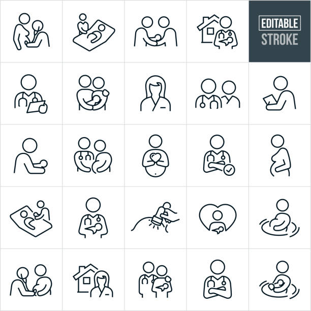 Pregnancy And Childbirth Thin Line Icons - Editable Stroke A set of pregnancy and childbirth icons that include editable strokes or outlines using the EPS vector file. The icons include a doctor using a stethoscope on a woman's pregnant stomach to check on a babies heart beat, midwife at the beside of a pregnant woman, a doctor holding a newborn baby at home, an obstetrician holding a patient chart, a nurse handing a newborn baby to the baby's mother, a couple holding newborn baby, a doctor and nurse, a gynecologist giving an exam, a midwife in front of a patients home, a pregnant woman holding a heart, a doctor stating next to a pregnant patient, doctor selection, a pregnant woman holding her pregnant belly, a midwife handing a newborn to the baby's mother, a nurse holding a newborn baby, a woman getting an ultrasound, a pregnant woman giving birth in water, a woman giving birth, a woman who just did a water birth holding her newborn baby and other related icons. caring-doctor-with-patient stock illustrations