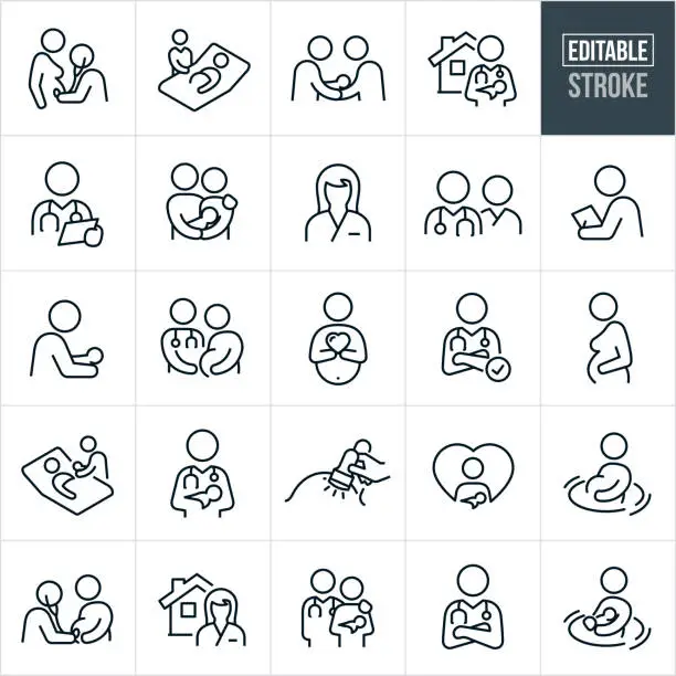 Vector illustration of Pregnancy And Childbirth Thin Line Icons - Editable Stroke