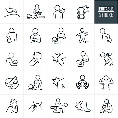 A set of Osteopathy icons that include editable strokes or outlines using the EPS vector file. The icons include an osteopath, osteopath working with a patients injured knee, hand giving a message, person with shoulder pain, human spine in pain, person with back pain, osteopath folding arms, chiropractor working with patient, patient getting a massage, human body, medical professional giving exam, hurt wrist, knee pain, natural medication, shoulder pain, osteopath working with patient using a resistance band, person with headache, person with neck pain being treated by an osteopath or chiropractor, heel pain and other related icons.