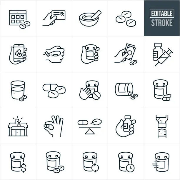 Vector illustration of Medications Thin Line Icons - Editable Stroke