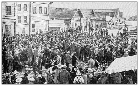 Antique black and white photograph: Klondike gold rush in Dawson
