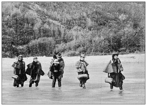 Antique black and white photograph: Klondike gold rush, Troupe of Actresses in Dawson