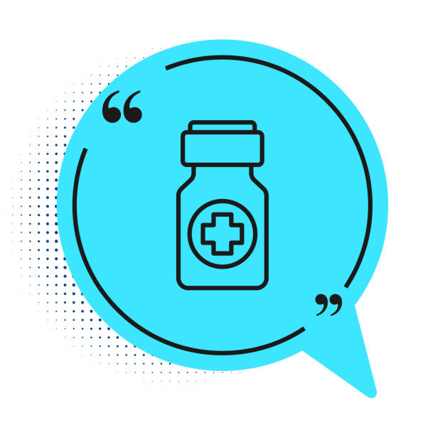 istock Black line Medicine bottle and pills icon isolated on white background. Bottle pill sign. Pharmacy design. Blue speech bubble symbol. Vector 1311658456