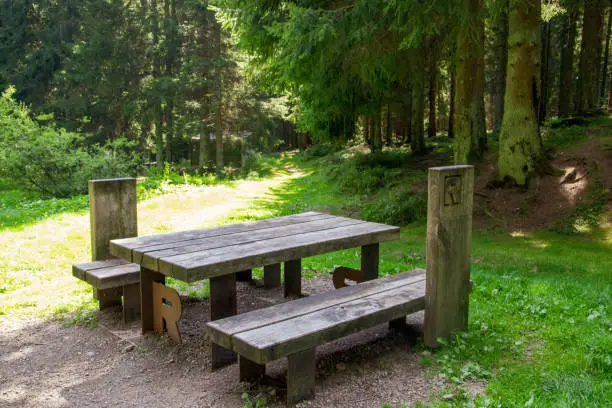Typical rest area on the Rennsteig long-distance hiking trail in the Thuringian Forest