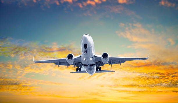 istock amazing sunset and passenger plane 1311659987
