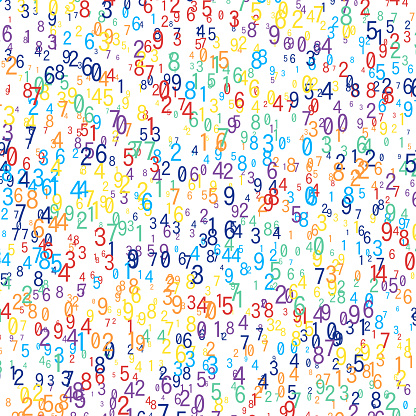 Random digits 0 to 9, rainbow colors, different size. White background.