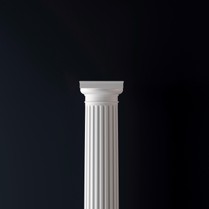 White classic column with capital on dark background. Elegant and minimalistic, abstract symbol of stability. Digital image.
