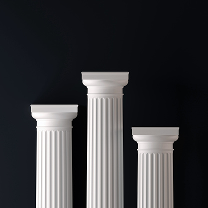 Three white classic columns with capitals on dark background. Elegant and minimalistic, abstract symbol of stability, resembling a winners podium for awards and prizes. Digital image.