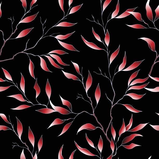 ilustrações, clipart, desenhos animados e ícones de folhas vermelhas em um fundo preto, padrão de luxo perfeito. ilustração nobre vetor para tecido, veludo, seda, roupa de cama. - velvet black backgrounds textile