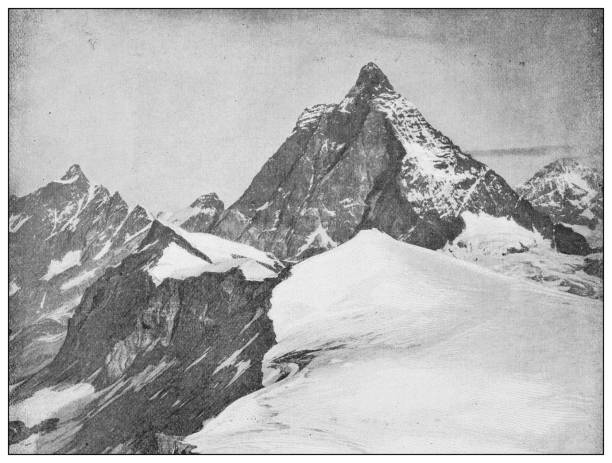 ilustraciones, imágenes clip art, dibujos animados e iconos de stock de fotografía antigua en blanco y negro: matterhorn - mountain mountain peak mountain climbing switzerland