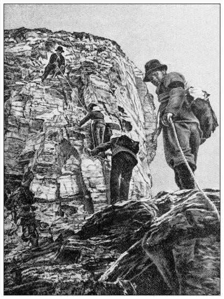 Antique black and white photograph: Matterhorn, mountain climbing