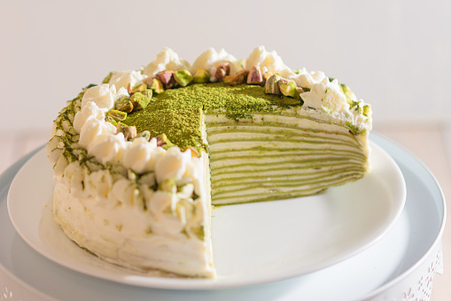 Matcha Mille Crepe Cake. Image can be utilized editorially or commercially.