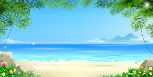 Vector illustration of Wide tropical beach banner background and palm