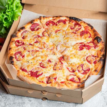 pizza pepperoni sausage tomato sauce and cheese trend fast food meal copy space