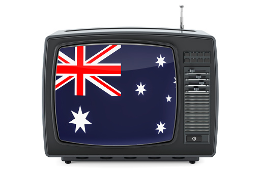 Australian Television concept. TV set with flag of Australia. 3D rendering isolated on white background