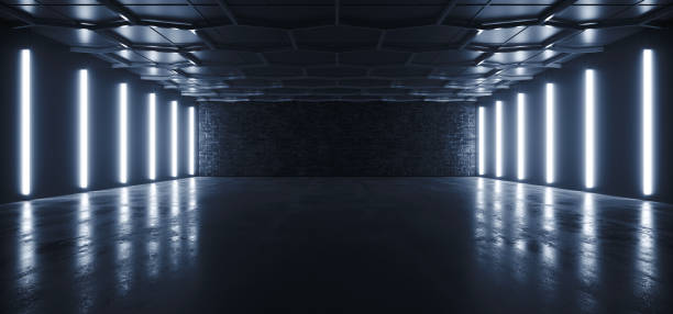 s f未来的なガレージ格納庫格納庫スタジオ現代六角形の白いネオンブルーライト光コンクリートセメントショールーム地下トンネル回廊背景3dレンダリング - 飛行機格納庫 ストックフォトと画像
