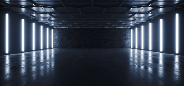 istock Sci Fi Futuristic Garage Hangar Studio Modern Hexagon White Neon Blue Lights Glowing Concrete Cement Showroom Underground Tunnel Corridor Background 3D Rendering 1311672757