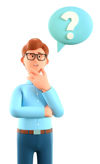 3D illustration of thinking man with question mark in speech bubble. Cute cartoon pensive businessman solving problems, feeling doubt or hesitation. Searching and finding a solution concept.