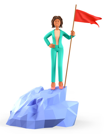 3D illustration of african american woman hoisting a red flag on the top mountain. Cute cartoon happy businesswoman reaching goals on the peak of success. Objective attainment, leadership concept.