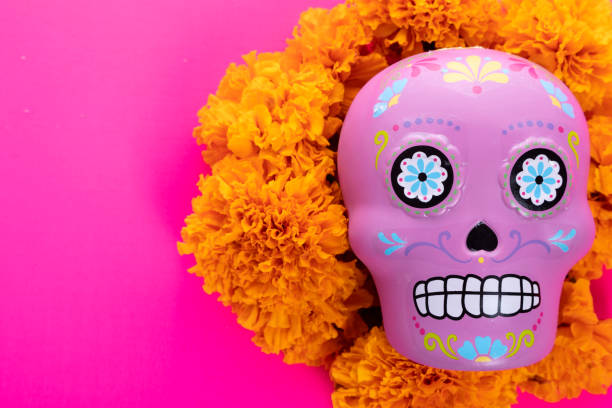 istock Composition with typical Mexican skull and cempazuchitl flowers. 1311676274