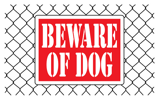 Vector illustration of a red beware of dog sign of a chain link fence.