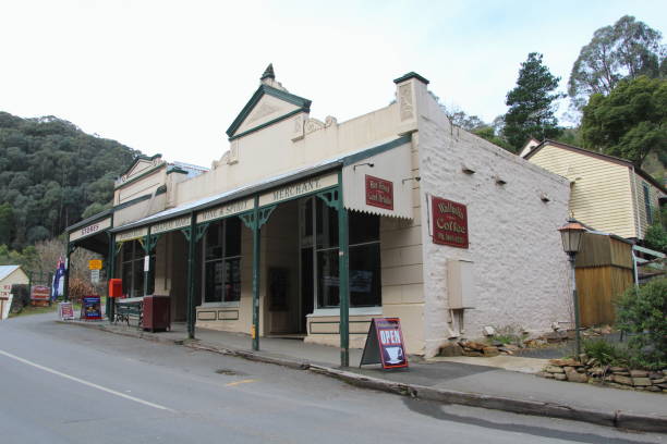 Stores and Walhalla Coffee at the Main Street of Walhalla in Australia stock photo