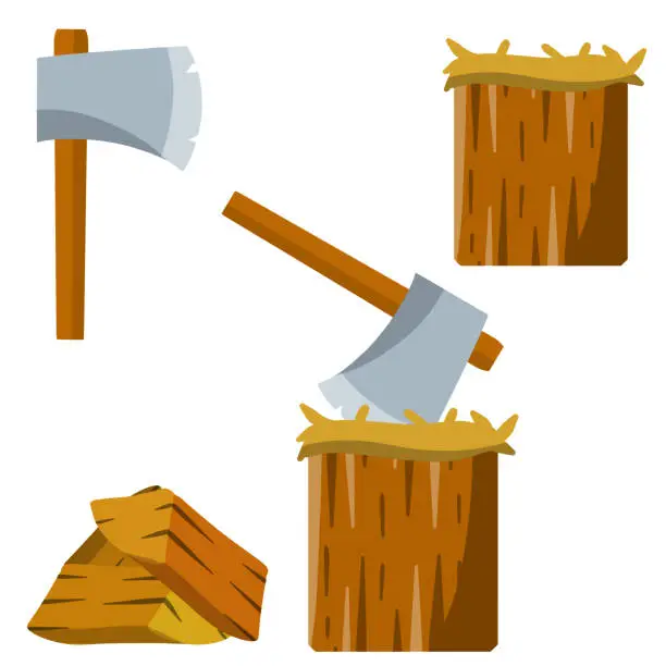 Vector illustration of Chopping. Logger axe and log. Timber harvesting. Fuel wood.