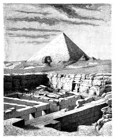 Illustration of a ruins of the he Valley Temple of Chephren (Khafre), near the Great Sphinx of Giza, Egypt