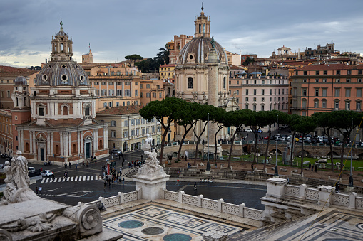 Rome cityscape seen from Vittorio Emanuele Monuments: Coliseum, Roman Forum and San Pietro in carcere Church.